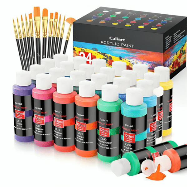 Caliart Acrylic Paint Set With 12 Brushes, 24 Colors